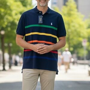 Polo Ralph Lauren Mens 2XL 100% Cotton Classic Striped Navy Blue Polo Shirt, NWT